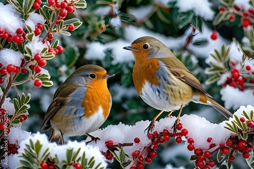 Concetto di inverno, freddo e feste di Natale: pettirossi in un bosco con neve e ghiaccio al freddo photo