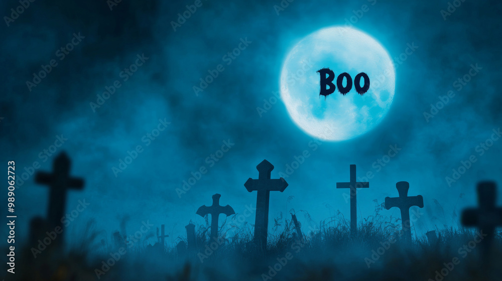 Full moon shining over a rainy graveyard at night, background Full moon shining over a rainy graveyard at night, background