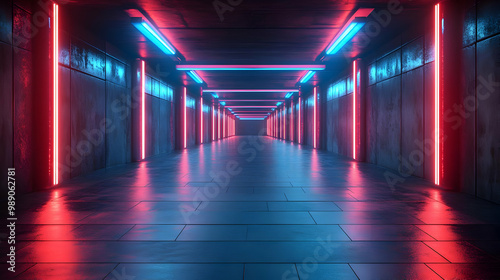 Neon Lights in a Long Dark Corridor 3D Illustration