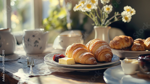 A breakfast table set with freshly baked croissants, butter, jam, and coffee, capturing a cozy morning scene with natural light streaming in.