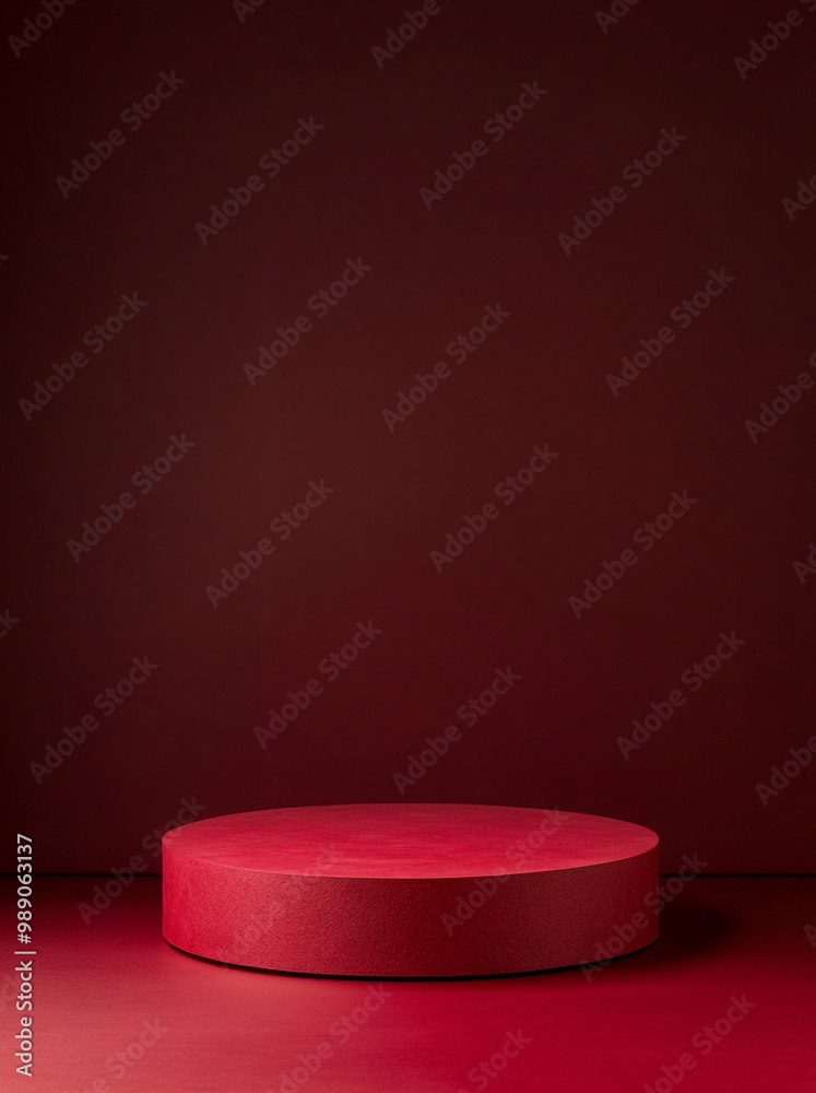 Red background, empty product display podium on red floor with dark maroon background. Simple and clean design.
Red background, empty product display podium on red floor with dark maroon background. Simple and clean design.