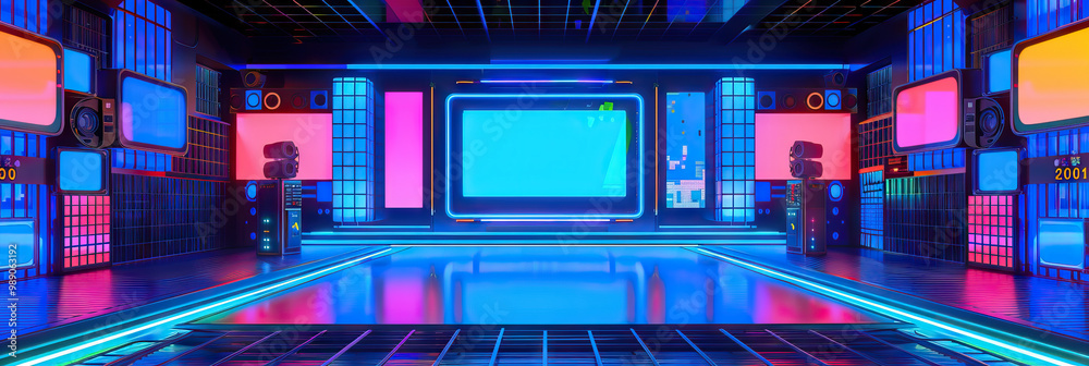 Fototapeta premium Vibrant Blue Game Show Spectacular: Retro Backdrop