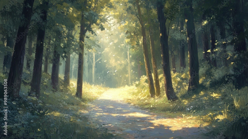 Obraz premium A serene forest path illuminated by sunlight, inviting exploration and tranquility.
