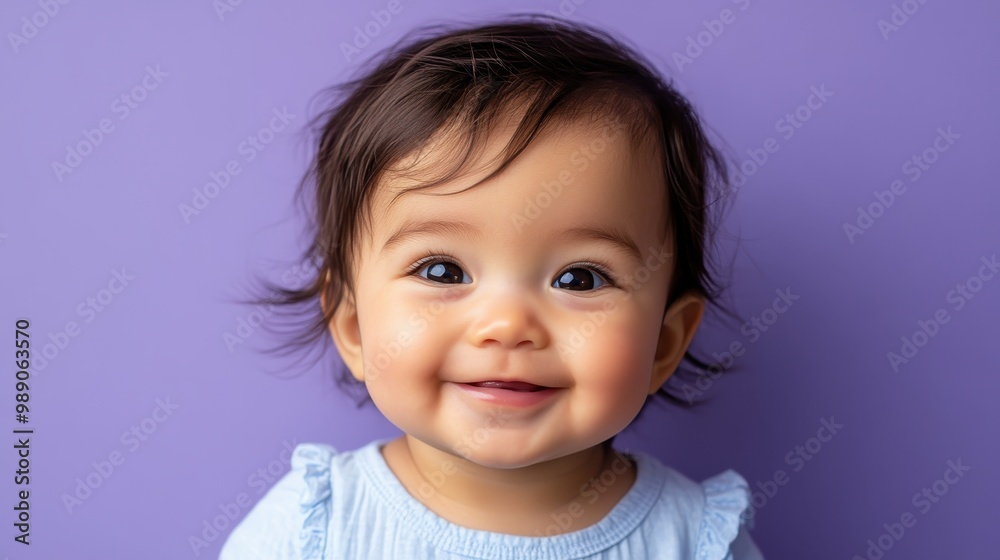Happy Infant with Mischievous Smile on Purple Background Happy Infant with Mischievous Smile on Purple Background