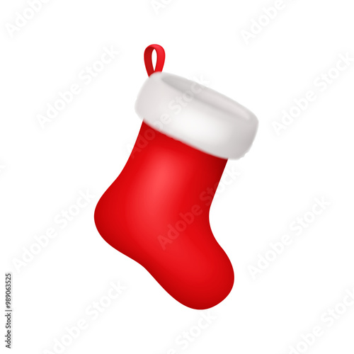 Christmas sock or Santa Claus stockings isolated 3D vector illustration. New Year winter holidays accessory, traditional sock with fur for gifts and presents, noel decorative object