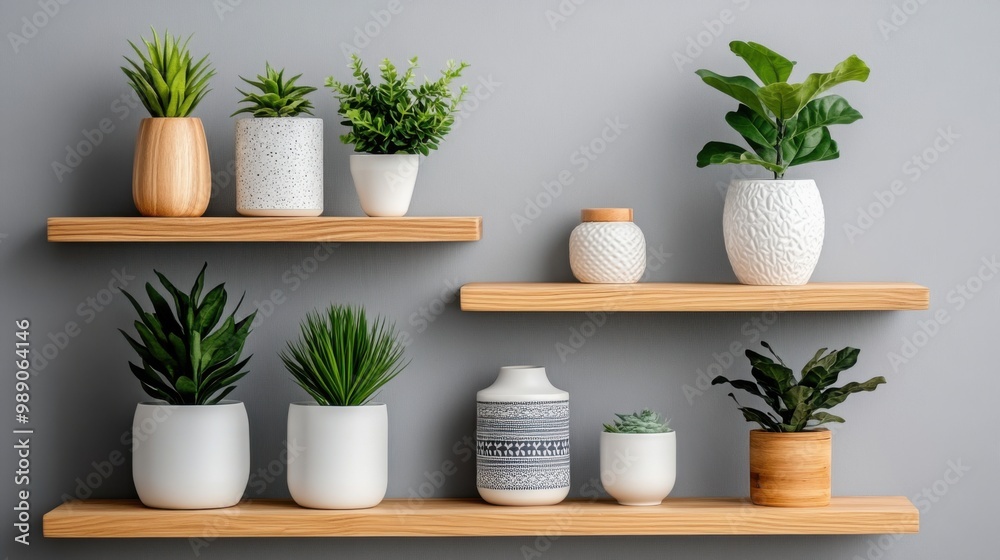 Fototapeta premium Modern Wall Shelves with Greenery in Minimalist Style