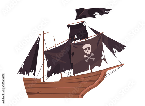 Wrecked old pirate wooden ship with weathered flags. Vector shipwreck and battleship, historical vessel or barge for traveling. Game design isolated icon for sailors and retro marine scenery