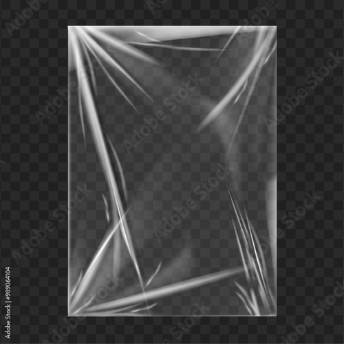 Stretched cling film or plastic wrapping from products or goods. Vector isolated wrinkled packaging polyethylene translucent texture with torn effect. Stretch tape for wrap, grunge style
