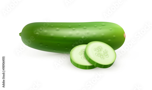 Organic natural cucumber ingredient for cooking salads and dishes. Vector isolated product for dieting and nutritious balanced diet. Slices of green vegetable, veggies from supermarkets