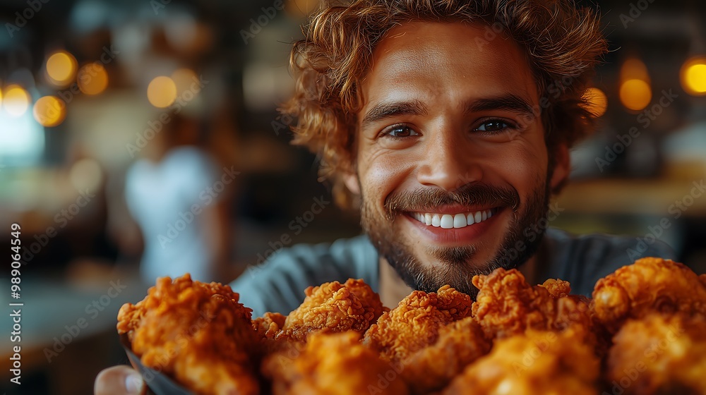 Naklejka premium A man enjoying fried chicken. The man should be in mid-bite, showcasing the crispy texture of the chicken, with a satisfied expression on his face.