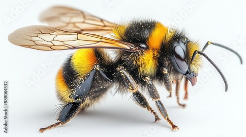 extreme closeup of majestic bumblebee in flight intricate wing detail pollendusted fuzzy body vibrant stripes against pure white backdrop photo