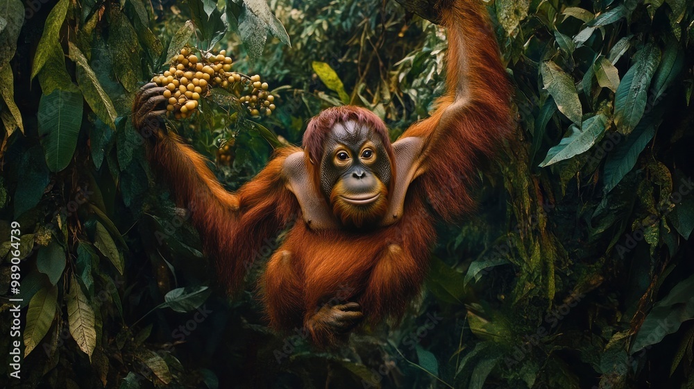 Obraz premium An orangutan in a lush jungle, holding fruit, highlighting wildlife and conservation.