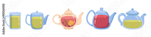 Glass kitchenware for brewing and making delicious aromatic tea. Vector isolated pane teapots collection with lids and handles. Glassware with tasty herbal liquid with healthy ingredients