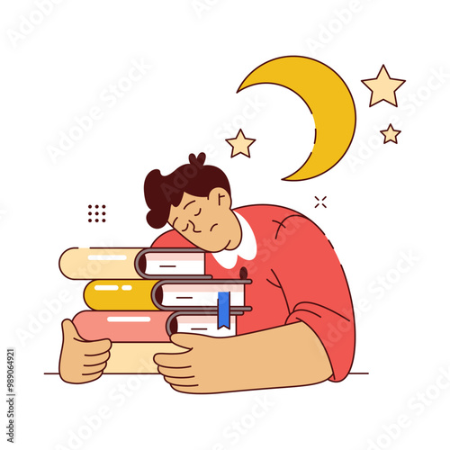 Student fell asleep, sleeping on books during preparation for examination or test. Vector isolated flat cartoon character, school or university pupil ready for exams. Tired personage with textbooks