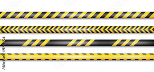 Crime tape with black and yellow stripes or arrows. Vector isolated realistic set of barrier for criminal scene investigation. Cordon off perimeter or area in emergency situations by police