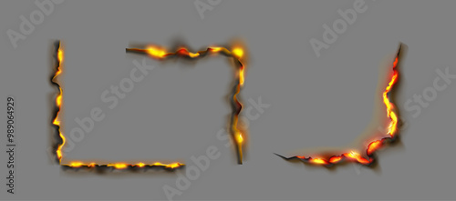 Burning paper borders, pieces of cellulose flaming. Vector documents or burnt page with smoldering fire on charred uneven edges, parchment sheets in flame. Charred, torn or ripped frame
