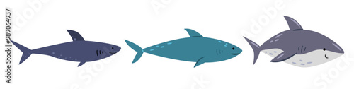 Sharks collection, isolated marine fish with multiple rows of sharp teeth. Vector carnivorous underwater animals with cartilage skeleton. Water dweller or apex predator creature with streamlined body