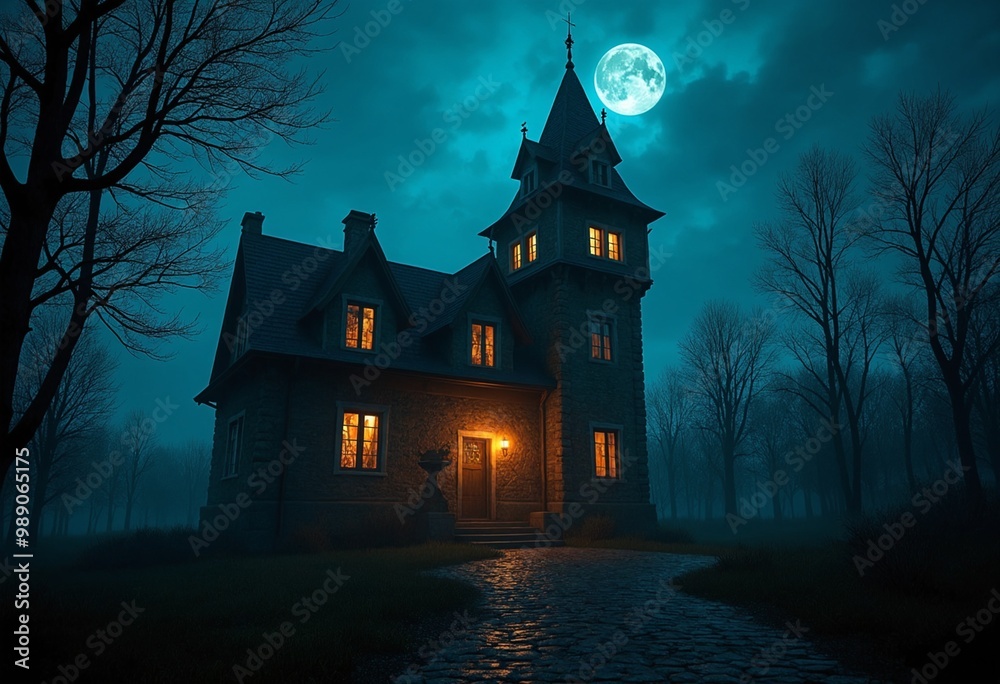 Horror halloween, haunted castle in creepy spooky night Horror halloween, haunted castle in creepy spooky night