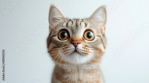 extreme closeup of wideeyed cat comical surprise expression whiskers forward ears perked isolated on stark white background