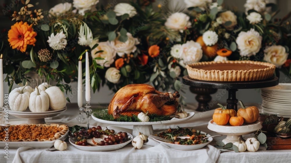 Naklejka premium Elegant Thanksgiving Buffet Wedding Setup with Roasted Turkey and Seasonal Dishes on White Linens