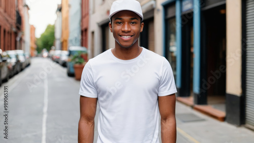 Young black man wearing white t-shirt and white baseball cap standing in a city alley