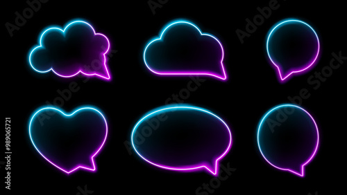 Thought bubbles, speech box container with neon effect. Isolated fluorescent sparkling and glowing chat banners, comments and message balloons in form of clouds and heart, circle and oval