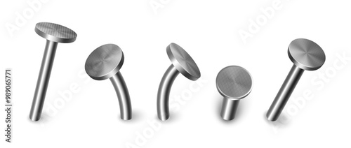 Hammered steel and iron curved nail pins and heads. Vector isolated straight and bent element for construction and building. Realistic metallic hardware and industrial equipment, tool for fixing