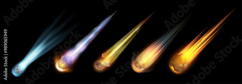 Asteroid with fire trail, realistic space meteor on black. Vector comet with tail of flame, burning rock. 3d meteorite space object falling down, lying fireball or meteor with fire neon light trail