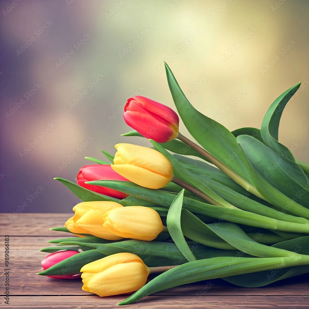 Obraz premium A row of colorful tulips arranged on a wooden surface.