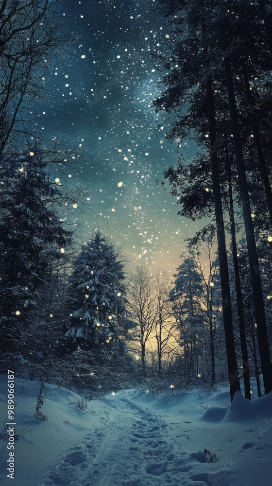 Fototapeta premium Winter Night Snowfall under the Starry Sky