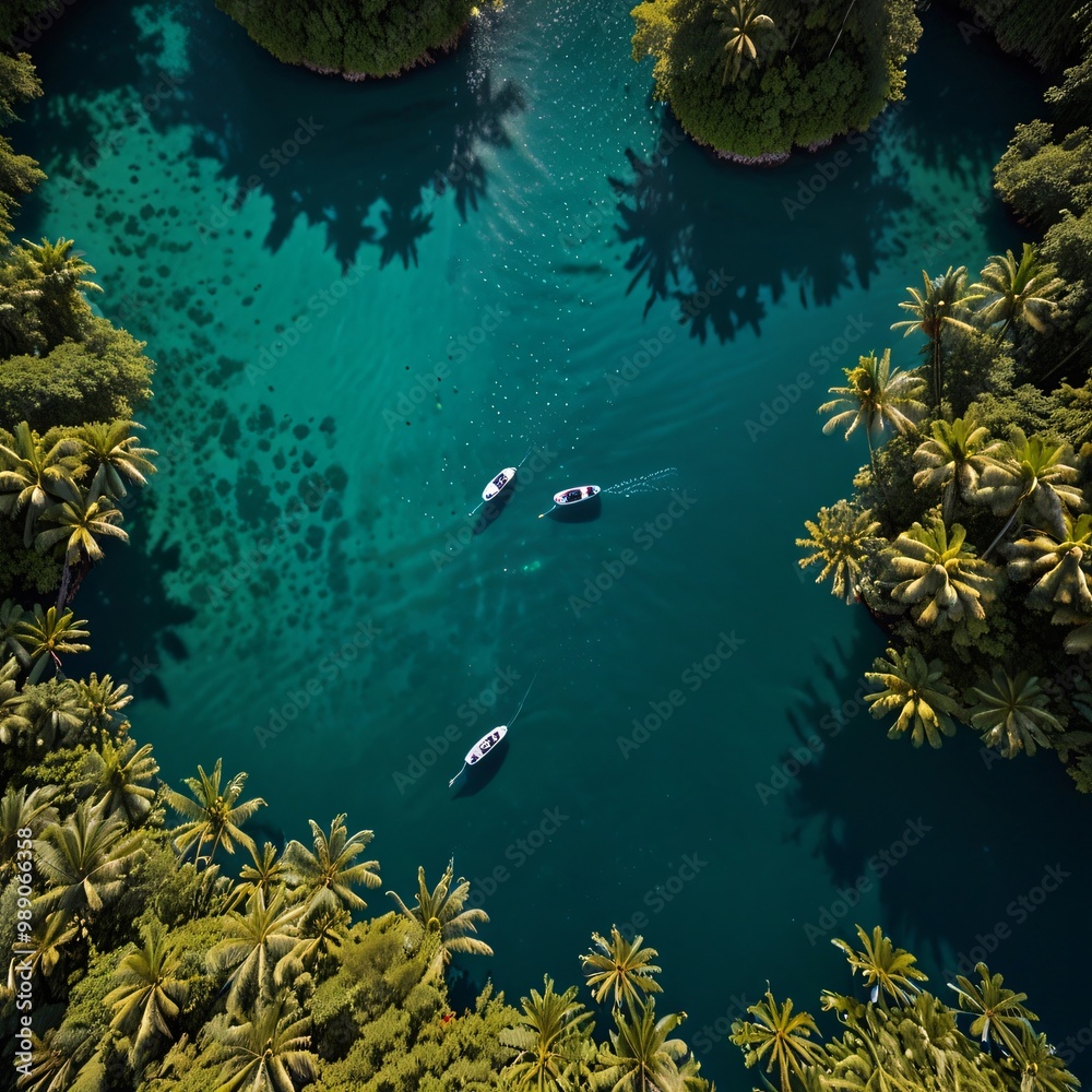 Fototapeta premium Drone view of a tropical lagoon surrounded by dense rainforest, where the turquoise waters shimmer in the sunlight and boats drift lazily across the surface
