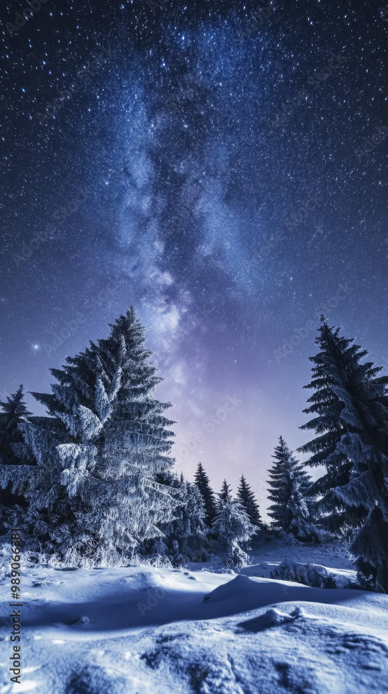 Fototapeta premium Winter Night Snowfall under the Starry Sky