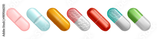 Medicine for healthcare and treatment. Vector isolated set of realistic pills and capsules. Pharmacy prescription from doctor. Mockup of medicaments, tablets or drugs. Pharmacology care