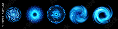 Light speed motion, isolated set of magic swirl. Vector glow trail neon effect for spells in fantasy games. Spiral circular swoosh blur element. Abstract energy trace asset, curves and shiny forms