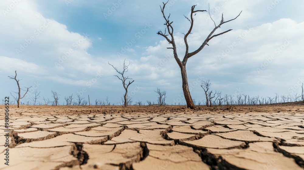 A barren landscape of dry, cracked earth with dead trees scattered across the horizon, illustrating severe drought and desertification. A barren landscape of dry, cracked earth with dead trees scattered across the horizon, illustrating severe drought and desertification.