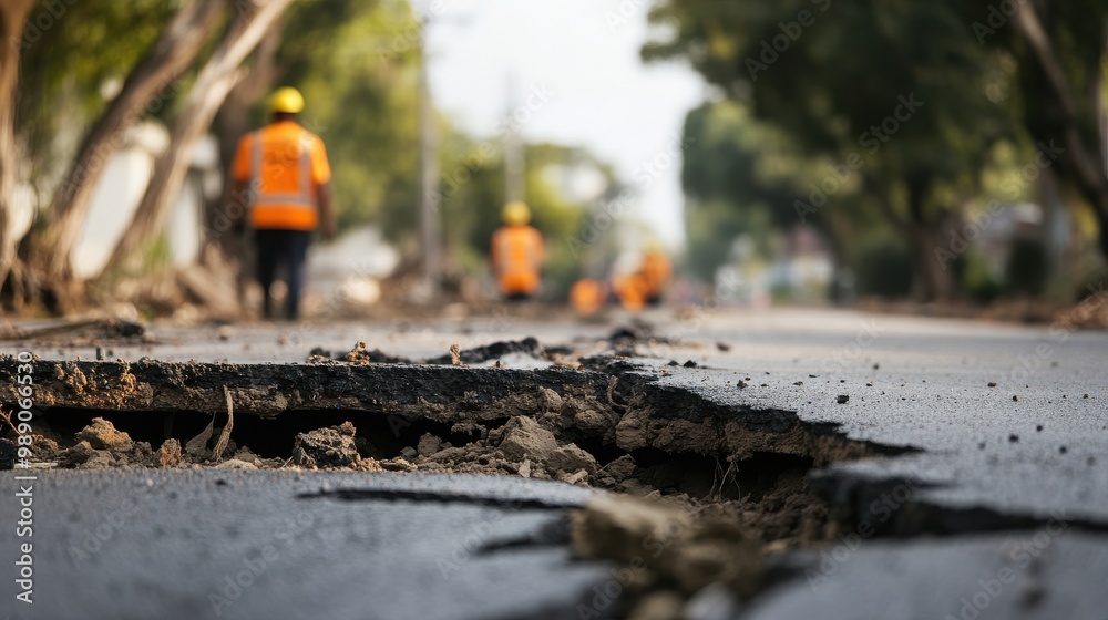 A close-up of a cracked road surface caused by an earthquake, with workers in orange safety vests assessing the damage in the background. A close-up of a cracked road surface caused by an earthquake, with workers in orange safety vests assessing the damage in the background.