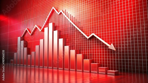 The image shows a red bar graph with a white arrow pointing downwards, representing a declining trend. The graph is set against a red tiled wall, and the floor is a reflective surface reflecting