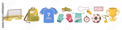 Soccer game championship fan set. Vector goal and team tshirt, whistle and ball, tournament cup and medal, backpack and gloves, shoe and timer, digital scoreboard. Competition match attributes