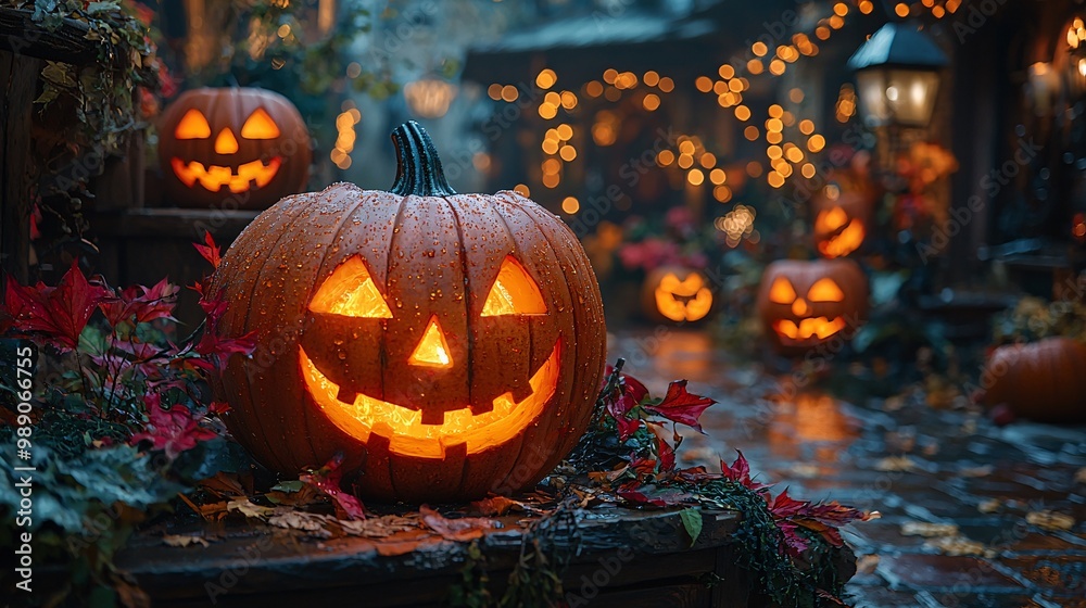 Illuminated Jack o Lantern on Wooden Surface with Autumn Leaves and Festive Lights Illuminated Jack o Lantern on Wooden Surface with Autumn Leaves and Festive Lights
