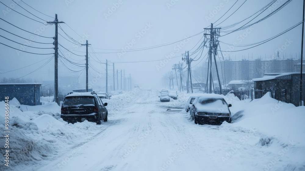 A rural street is completely covered in snow during a heavy winter storm, with cars buried under snowdrifts and power lines running along the road. A rural street is completely covered in snow during a heavy winter storm, with cars buried under snowdrifts and power lines running along the road.