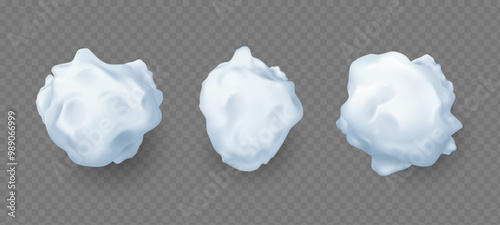 Snowballs collection, isolated realistic snow spheres. Vector frost balls. Winter game of Christmas fight. Play with ice snowflakes. New Year holiday. Snowy clump icy mass elements sets