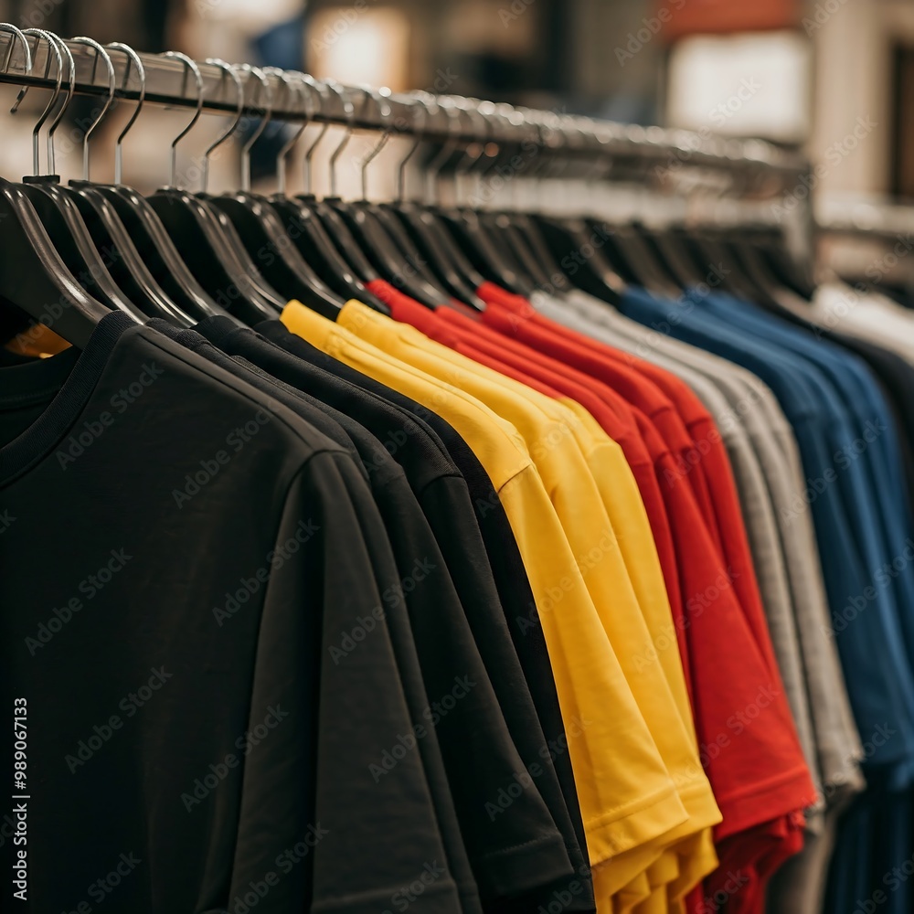 Fototapeta premium A row of T-shirts hanging on hangers