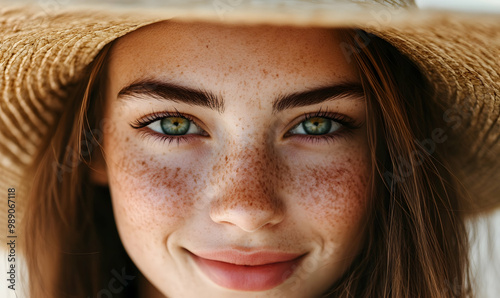 Portrait of beautiful woman hiding behind a straw hat at beach