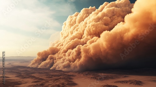 A giant sandstorm cloud sweeps across a vast desert landscape, creating an overwhelming wall of dust and sand under a clear sky. photo