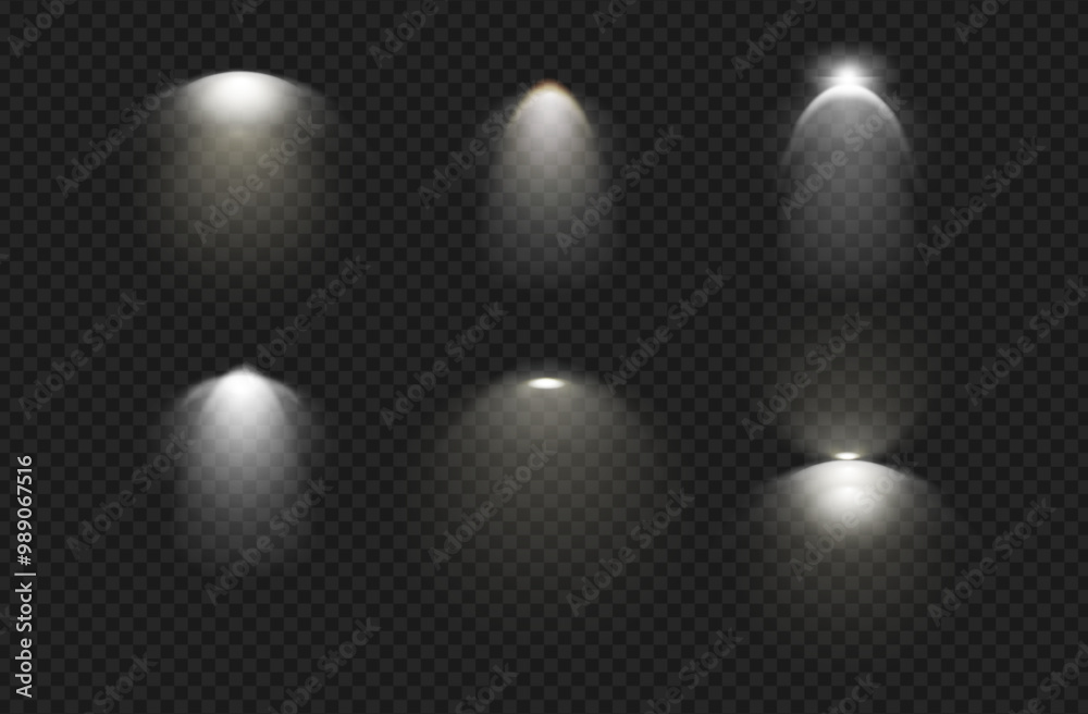 Wall lights, isolated set of sconces light glowing on wall. Vector variety of lamps giving cold illumination for home. Studio or interior design accessories. Advertising or scene arrangement