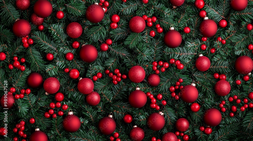 Red Christmas Baubles on Green Fir Tree Branches Red Christmas Baubles on Green Fir Tree Branches