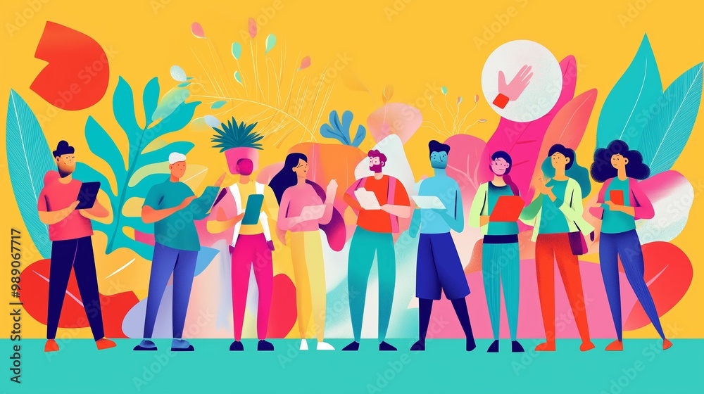 Colorful illustration of diverse people engaged in creative activities in a bright, artistic environment Colorful illustration of diverse people engaged in creative activities in a bright, artistic environment