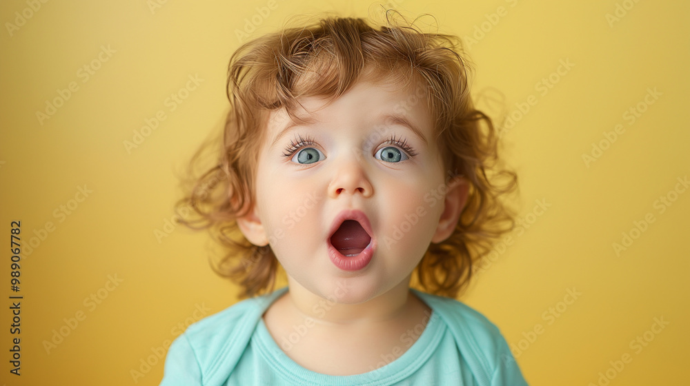 A toddler with a surprised expression, mouth open and eyes wide, on a pastel yellow background A toddler with a surprised expression, mouth open and eyes wide, on a pastel yellow background