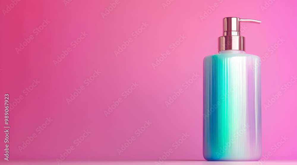 An iridescent body wash bottle with a rose gold pump stands on a pink gradient background An iridescent body wash bottle with a rose gold pump stands on a pink gradient background