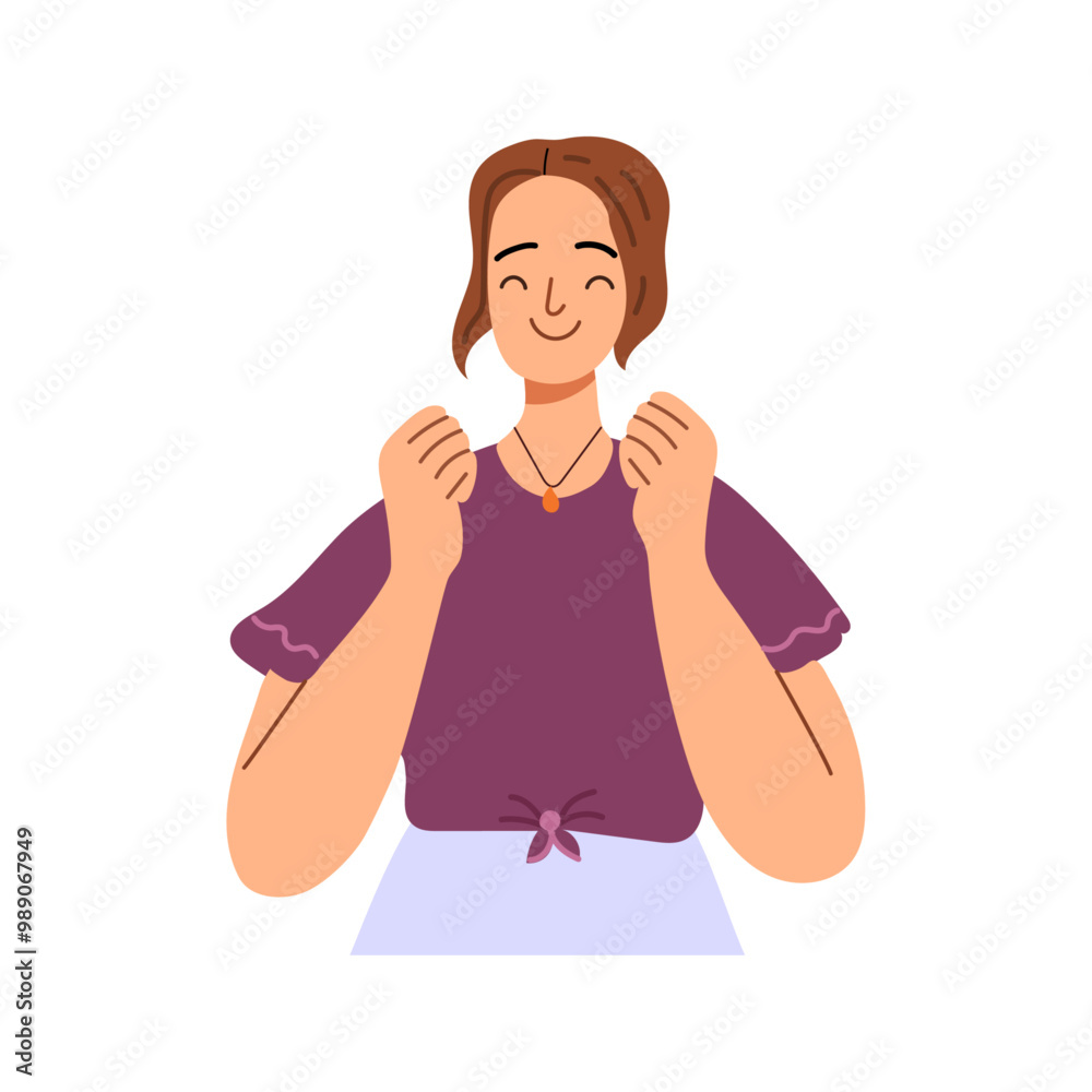 Winning gesture of happy confident woman, flat cartoon character. Woman expressing positive emotion. Successful smiling female with fists up. Vector illustration of cheerful girl winner Winning gesture of happy confident woman, flat cartoon character. Woman expressing positive emotion. Successful smiling female with fists up. Vector illustration of cheerful girl winner